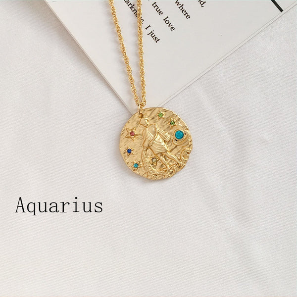 Gold Coin Disk Pendant Zodiac Necklace for Men Women - iBay Direct