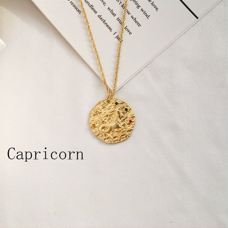 Gold Coin Disk Pendant Zodiac Necklace for Men Women - iBay Direct