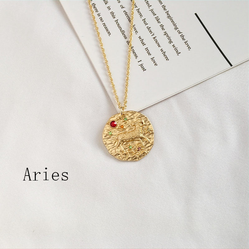 Gold Coin Disk Pendant Zodiac Necklace for Men Women - iBay Direct