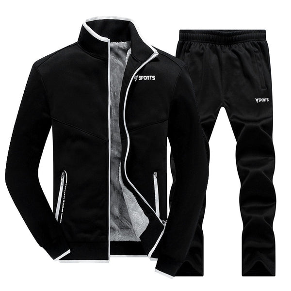 New Winter Men's Sets Plus Velvet Men Sportswear Set 2 PCS Jacket + Pants Slim Tracksuit Zip Pocket Male's Warm Clothing - iBay Direct