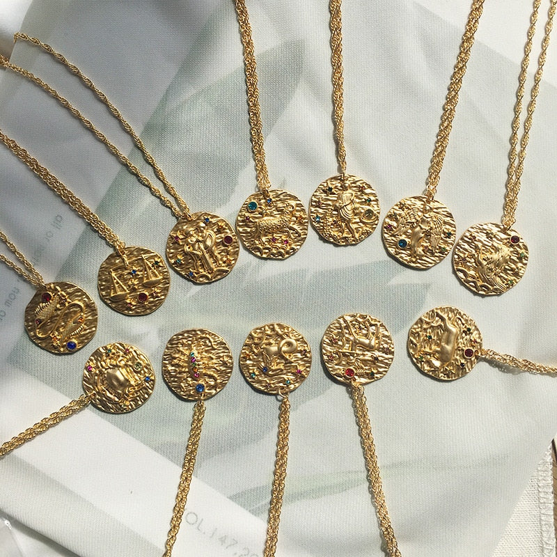 Gold Coin Disk Pendant Zodiac Necklace for Men Women - iBay Direct
